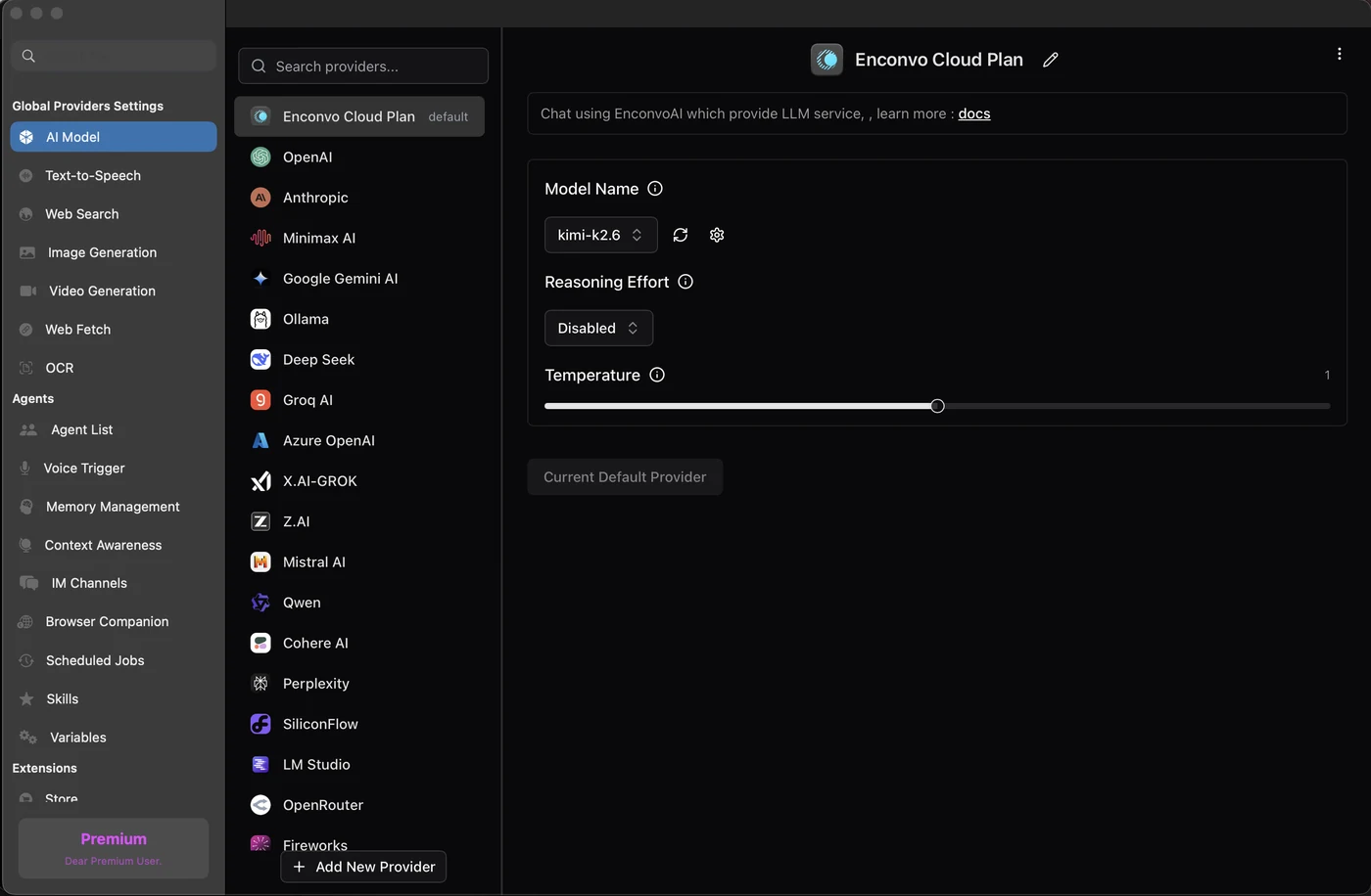 EnConvo provider settings — OpenAI, Anthropic, Gemini, Ollama, Groq, Azure, Z.AI, Mistral, Cohere, Perplexity, OpenRouter and more